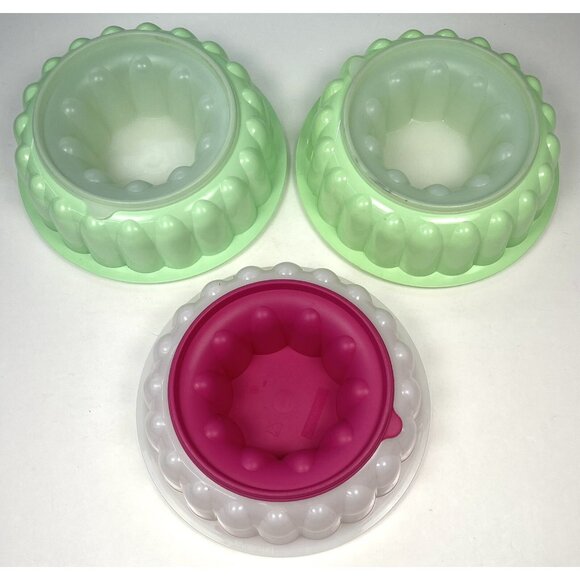Lot 3 TUPPERWARE 9" Jell-O Mold Green (2) 1201-11 Hot Pink (1) 1201-21 +Lid READ - Picture 2 of 6
